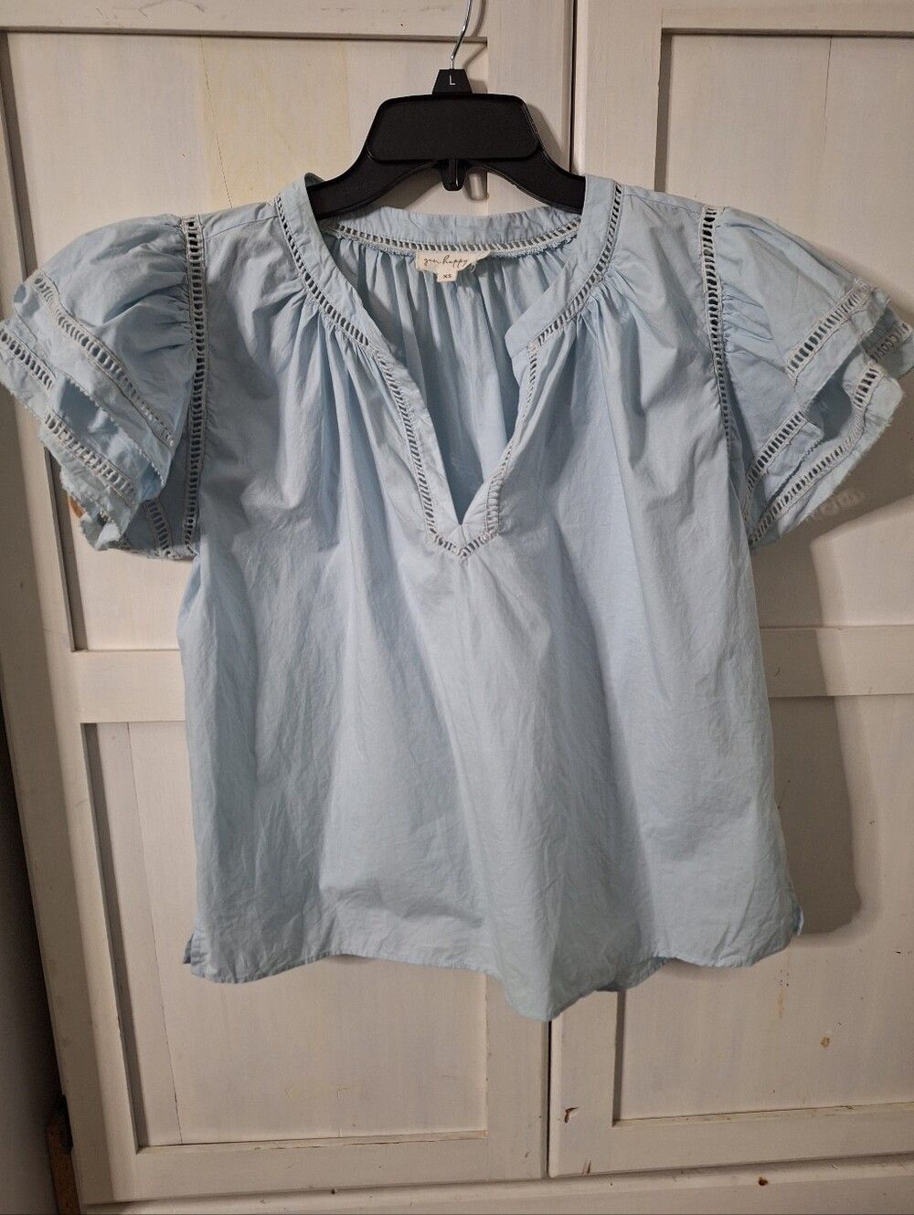 GenHappy XS Margot Blouse Top Powder Blue Organic Cotton Ruffle Detail Oversized